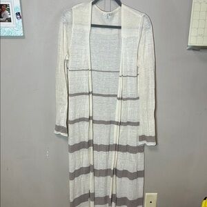 CABI M Cream Tan Striped Long Sleeve Bon Voyage Riviera Linen Cardigan